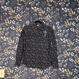 Cowgirl Hardware Black Cross Christan Pearl Snap Floral Western Shirt Size M